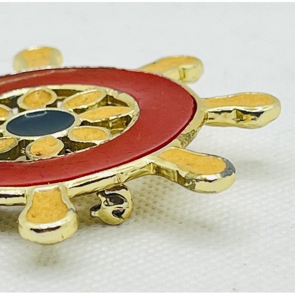 Vintage Gold Tone Ship Wheel Boat Helm Nautical Brooch Pin‎ Enamel - Picture 5 of 6